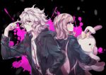  1boy 1girl back-to-back backpack bag bangs black_background black_jacket blunt_bangs cat_bag commentary_request dangan_ronpa ear_ribbon eyebrows_visible_through_hair flipped_hair green_jacket hair_between_eyes hand_up highres hood hoodie jacket komaeda_nagito long_sleeves lovely_ummm medium_hair monomi_(dangan_ronpa) nanami_chiaki pink_blood pink_eyes pink_hair ribbon shirt super_dangan_ronpa_2 upper_body white_hair white_shirt 