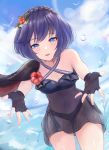  1girl bare_shoulders bird black_gloves black_swimsuit blue_eyes blue_hair blush braid casual_one-piece_swimsuit clouds cloudy_sky collarbone cowboy_shot criss-cross_halter crown_braid day dutch_angle fingerless_gloves fire_emblem fire_emblem_awakening fire_emblem_heroes fisheye flower gloves hair_flower hair_ornament halterneck highres leonmandala lucina lucina_(fire_emblem) one-piece_swimsuit outdoors outstretched_arms parted_lips red_flower see-through short_hair sky smile solo splashing swimsuit symbol_in_eye water 