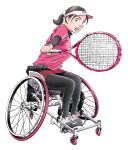  1girl absurdres brown_eyes brown_hair commentary_request full_body highres miniskirt olympics pants pants_under_skirt paralympics pink_lips plaid plaid_skirt ponytail racket shoes skirt sneakers solo tennis_racket urasawa_naoki visor_cap wheelchair yoga_pants 