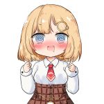  1girl :d @_@ bailingxiao_jiu bangs blonde_hair blue_eyes breasts brown_skirt collared_shirt drooling eyebrows_visible_through_hair hair_ornament hands_up high-waist_skirt hololive hololive_english long_sleeves looking_at_viewer medium_breasts mouth_drool necktie open_mouth plaid plaid_skirt pocket_watch red_neckwear shirt short_necktie simple_background skirt sleeves_past_wrists smile solo upper_teeth virtual_youtuber watch watson_amelia white_background white_shirt 