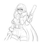  1girl bangs belt blunt_bangs cape countgate cravat dual_wielding fur_cape genderswap genderswap_(mtf) glasses high-waist_shorts highres holding lineart monochrome mr_big_(snk) pretty_big short_hair solo stick the_king_of_fighters the_king_of_fighters_all-stars thigh-highs 