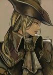  1girl bell bell_collar blonde_hair blood blood_stain bloodborne collar gem grey_eyes hat highres lady_maria_of_the_astral_clocktower lips looking_to_the_side ponytail tricorne yumae 