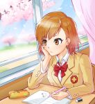  1girl bokumon24 brown_eyes brown_hair cherry_blossoms frown head_rest highres mechanical_pencil misaka_mikoto pencil pencil_case red_neckwear school short_hair solo sweater_vest to_aru_majutsu_no_index window 