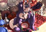  1girl alcohol black_fundoshi bottle cherry_blossoms chinese_clothes commentary_request cup dudou eyebrows_visible_through_hair fangs fate/grand_order fate_(series) food fruit grapes hanami headpiece highres holding holding_cup holding_tray horns japanese_clothes jug kimono kneeling oni oni_horns open_clothes open_kimono open_mouth outdoors peach purple_hair purple_kimono revealing_clothes sakazuki sake sake_bottle shade shide short_eyebrows short_hair shuten_douji_(fate/grand_order) skin-covered_horns smile solo tray tree_shade tsuuhan violet_eyes 
