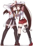  2girls ahoge black_legwear boots brown_hair brown_skirt catfight cherry_blossoms commentary_request detached_collar detached_sleeves double_bun eye_contact flower grey_eyes hair_flower hair_ornament headgear highres hip_vent japanese_clothes kantai_collection kongou_(kantai_collection) long_hair looking_at_another motion_blur multiple_girls pleated_skirt ponytail red_skirt ribbon-trimmed_sleeves ribbon_trim simple_background single_thighhigh skirt standing thigh-highs thigh_boots tiemu_(man190) white_background yamato_(kantai_collection) 
