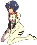  1girl :o ayanami_rei blue_hair highres looking_at_viewer neon_genesis_evangelion open_mouth pikurusu pilot_suit plugsuit red_eyes seiza short_hair sitting solo symbol_commentary white_background 