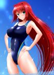  1girl aozaki_aoko blue_eyes blue_swimsuit breasts collarbone commentary_request competition_swimsuit cowboy_shot hands_on_hips highleg highleg_swimsuit highres large_breasts long_hair mahou_tsukai_no_yoru one-piece_swimsuit redhead soaking_feet solo standing swimsuit tsukihime very_long_hair water yuuk33 