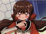  1girl artist_name bangs black_sailor_collar blunt_bangs bow brown_hair clenched_teeth collarbone commentary criis-chan crying crying_with_eyes_open dangan_ronpa english_text film_grain hair_ornament hairpin harukawa_maki holding holding_knife holding_weapon indoors knife long_hair mosaic neck_ribbon new_dangan_ronpa_v3 parody red_eyes red_shirt ribbon sailor_collar school_uniform serafuku shirt sidelocks sleeves_rolled_up solo spoilers stained_glass style_parody subtitled takeuchi_naoko_(style) tears teeth tumblr_username twintails v-shaped_eyebrows vhs_artifacts watermark weapon web_address white_bow white_neckwear yuushinkan_high_school_uniform 