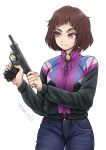  1girl absurdres brown_hair commentary denim english_commentary gun handgun highres holding holding_gun holding_weapon jacket jeans original pants pistol short_hair signature solo tokarev_tt-33 trigger_discipline violet_eyes weapon white_background zap-nik 