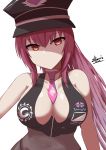  1girl absurdres alternate_costume alternate_hairstyle bikini black_bikini black_bodysuit black_headwear bodysuit breasts cosplay covered_navel fate/grand_order fate_(series) hair_intakes hat highres ichikawayan large_breasts long_hair peaked_cap police_hat ponytail purple_hair red_eyes scathach_(fate)_(all) scathach_(fate/grand_order) sesshouin_kiara_(swimsuit_mooncancer)_(fate) sesshouin_kiara_(swimsuit_mooncancer)_(fate)_(cosplay) solo swimsuit upper_body white_background 