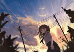  1girl black_skirt blue_sky blurry blurry_foreground blush breasts brown_eyes brown_hair closed_mouth clouds commentary_request depth_of_field from_below halo looking_away looking_to_the_side mimikaki_(men_bow) neckerchief original outdoors pleated_skirt power_lines red_neckwear school_uniform serafuku shirt short_sleeves skirt sky small_breasts solo standing sunset telephone_pole white_shirt 