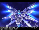 alternate_color blue_eyes character_name commission dual_wielding extreme_gundam_type_leo_ii_vs flying glowing glowing_eyes gun gundam_exa gundam_exa_vs haiteku_reibou holding holding_gun holding_sword holding_weapon mecha mechanical_wings no_humans solo space sword v-fin watermark weapon wings 