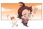  1boy antenna_hair blue_eyes blush brown_hair chibi commentary_request eyelashes gen_8_pokemon goh_(pokemon) hand_up kouzuki_(reshika213) open_mouth pants pointing pokemon pokemon_(anime) pokemon_(creature) pokemon_swsh_(anime) scorbunny short_sleeves sparkle tongue translation_request 