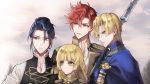  1girl 3boys black_hair blonde_hair blue_cape blue_eyes brown_eyes cape closed_mouth dimitri_alexandre_blaiddyd felix_hugo_fraldarius fire_emblem fire_emblem:_three_houses garreg_mach_monastery_uniform green_eyes highres ingrid_brandl_galatea long_hair multiple_boys open_mouth parted_lips pmpmcl polearm redhead short_hair sylvain_jose_gautier uniform upper_body weapon 