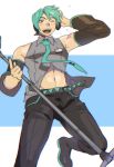  1boy abs bare_shoulders belt black_pants blue_eyes blush boots bulge chest detached_sleeves genderswap genderswap_(ftm) green_eyes green_hair hatsune_miku highres looking_at_viewer male_focus microphone midriff muscle nail_polish navel necktie open_mouth pants short_hair solo st05254 thigh-highs thigh_boots vocaloid 