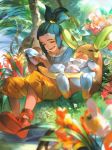  1boy alolan_form alolan_raichu black_shirt blurry_foreground capri_pants closed_eyes collarbone commentary_request cutiefly flower food gen_7_pokemon grass green_hair hau_(pokemon) head_down holding holding_food malasada open_mouth orange_footwear orange_pants pants pokemon pokemon_(creature) pokemon_(game) pokemon_sm red_flower shirt shoes short_sleeves sidelocks sitting teeth tied_hair tongue tree wadanaka 