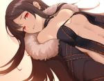  1girl absurdres bangs bare_shoulders black_dress black_jacket blush breasts brown_hair center_opening choker collarbone consort_yu_(fate) dress earrings fate/grand_order fate_(series) fur-trimmed_jacket fur_trim highres jacket jewelry large_breasts long_hair long_sleeves looking_at_viewer multiple_earrings multiple_piercings navel open_clothes open_jacket parted_lips red_eyes revealing_clothes strapless strapless_dress uranoma very_long_hair 