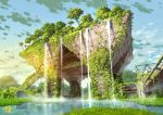  artist_logo blue_sky building circle_name clouds cloudy_sky commentary_request day english_text grass highres ivy no_humans original outdoors overgrown post-apocalypse ruins scenery sky tokyo_big_sight tokyogenso tree water waterfall 