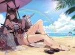  amagi_(azur_lane) animal_ears azur_lane bangs barefoot beach breasts brown_hair commentary_request day fox_ears highres janload1ng long_hair looking_at_viewer outdoors swimsuit 