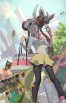  1boy 5girls bag bangs black_legwear bow brown_hair clouds commentary conkeldurr day double_bun eating ege_(597100016) food food_on_face gen_5_pokemon holding holding_bag holding_food ice_cream long_hair minccino multiple_girls outdoors pantyhose pidove pink_bow pokemon pokemon_(game) pokemon_bw2 raglan_sleeves road_sign rosa_(pokemon) shirt shorts sidelocks sign sky sleeves_past_elbows snivy tongue tongue_out twintails visor_cap waitress_(pokemon) yellow_shorts 