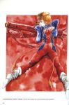 1980s_(style) 1girl ass boots cannon choujikuu_seiki_orguss curly_hair emaan energy_cannon english_text gloves jumpsuit lying mikimoto_haruhiko mutant official_art oldschool on_stomach orange_hair orguss page_number pilot_suit prehensile_hair production_art promotional_art rocket_launcher scan science_fiction scope shaya_thoov shoulder_pads signature traditional_media uniform vhs_cover weapon 