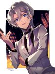  1boy :d bangs bishounen black_shirt blue_eyes border card dutch_angle edo_phoenix eyebrows_visible_through_hair hair_between_eyes holding holding_card jacket long_sleeves looking_at_viewer male_focus mikami_(mkm0v0) necktie open_mouth outside_border shiny shiny_hair shirt silver_hair smile solo white_border white_jacket white_neckwear yuu-gi-ou yuu-gi-ou_gx 