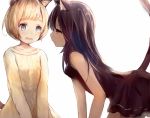  2girls :o all_fours animal_ear_fluff animal_ears black_dress black_hair blonde_hair blue_eyes blush breasts cat_ears cat_tail dark_skin dress error eye_contact kaede_do looking_at_another multiple_girls original short_hair simple_background small_breasts sweater tail tan violet_eyes white_background white_sweater 