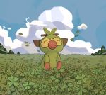  cindy_(pigeoncindy_) closed_eyes closed_mouth clouds clover clover_(flower) commentary day english_commentary flower four-leaf_clover gen_8_pokemon grookey highres leaf leaves_in_wind no_humans outdoors pokemon pokemon_(creature) sky smile standing starter_pokemon 