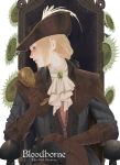  1girl blonde_hair bloodborne blue_eyes chain chair cup flower gem gloves goblet hat hat_feather highres lady_maria_of_the_astral_clocktower looking_to_the_side tricorne vest yuu_(yazakiayumi) 