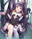  1girl bangs black_dress blue_eyes blunt_bangs dress fang flat_chest gloves halo highres hololive hololive_english holomyth looking_at_viewer mogmog mole ninomae_ina&#039;nis outdoors pointy_ears purple_hair smile solo tentacle_hair tentacles thigh-highs tree virtual_youtuber wings 