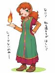  1girl ;d bangs blush brown_footwear brown_shirt commentary_request dragon_quest dragon_quest_vii dress fire full_body green_dress green_eyes grey_background hand_on_hip head_scarf highres long_hair long_sleeves looking_at_viewer magic maribel_(dq7) meis_(terameisu) one_eye_closed open_mouth orange_hair parted_bangs shirt shoes short_over_long_sleeves short_sleeves simple_background sketch sleeveless sleeveless_dress smile solo standing translation_request 