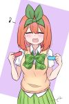  1girl :d ^_^ bangs blush bow closed_eyes collared_shirt commentary_request eighth_note eyebrows_behind_hair facing_viewer go-toubun_no_hanayome green_bow green_ribbon green_skirt hair_between_eyes hair_ribbon hands_up highres holding kujou_karasuma musical_note nakano_yotsuba open_mouth orange_hair pleated_skirt purple_background ribbon shirt short_sleeves signature skirt smile solo sweater_vest two-tone_background upper_teeth white_background white_shirt 