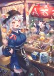  1girl absurdres animal_ears bandana beer_mug black_legwear blue_kimono bottle breasts cat cat_ears cat_girl cat_tail chopsticks cup food food_stand hair_ornament hairpin highres japanese_clothes kimono ladle large_breasts light_bulb looking_at_viewer mug noren oden original plate ponytail pot red_eyes silver_hair solo_focus tail thigh-highs tire yatai yukata zoff_(daria) 