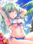 1girl armpits arms_behind_head bikini blue_eyes breasts chestnut_mouth clouds cloudy_sky cowboy_shot flower frog_hair_ornament front-tie_top green_hair hair_ornament hibiscus kochiya_sanae long_hair medium_breasts messy_hair midriff navel one_eye_closed open_mouth outdoors palm_tree side-tie_bikini sky snake_hair_ornament solo swimsuit thighs touhou tree unory 