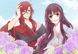  1boy 1girl bangs brown_hair day enishi_(ken_ga_kimi) flower hair_between_eyes hand_on_own_head hydrangea igaguriiiii japanese_clothes kayo_(ken_ga_kimi) ken_ga_kimi kimono long_hair outdoors red_kimono redhead 