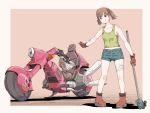  1girl brown_eyes brown_hair gloves ground_vehicle highres holding holding_pipe motor_vehicle motorcycle original pipe short_shorts shorts standing sukabu tank_top twintails vehicle_focus 