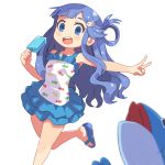  1girl animal_print asari_nanami bangs blue_eyes blue_hair blunt_bangs fish fish_hair_ornament fish_print food hair_ornament hair_rings holding holding_food idolmaster idolmaster_cinderella_girls leg_up long_hair one-piece_swimsuit open_mouth outstretched_arm popsicle sabaori-kun sandals smile stuffed_animal stuffed_fish stuffed_toy swimsuit taru_haru upper_teeth v white_background 