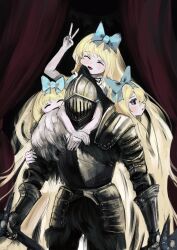  1boy 3girls :d absurdres alice_(black_souls) armor black_background black_souls blonde_hair blue_bow blue_eyes bow closed_eyes dual_wielding facing_away facing_viewer full_armor grimm_(black_souls) hair_between_eyes hair_bow hand_up head_tilt helmet highres holding holding_sword holding_weapon hug hug_from_behind long_hair multiple_girls parted_lips ropeperson smile sword v very_long_hair weapon 