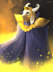 1boy 2016 2d anthro artist_name asgore_dreemurr beard blonde_hair cape crown digital_media facial_hair floppy_ears furry furry_male glowing goat goat_boy goat_ears goat_horns gradient_background hair highres horns korhiper male male_only mammal monster monster_boy purple_cape simple_background solo undertale white_fur white_horns yellow_eyes