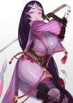  1girl arm_guards bangs black_gloves bodysuit breasts chorogon curvy fate/grand_order fate_(series) fingerless_gloves gloves highres katana large_breasts loincloth long_hair looking_at_viewer low-tied_long_hair minamoto_no_raikou_(fate/grand_order) parted_bangs purple_bodysuit purple_hair ribbed_sleeves rope smile solo sword tabard very_long_hair violet_eyes weapon 