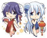  2girls akatsuki_(kantai_collection) blue_dress blue_eyes china_dress chinese_clothes double_bun dress eyebrows_visible_through_hair fan folding_fan hair_between_eyes hibiki_(kantai_collection) hizuki_yayoi holding holding_fan kantai_collection long_hair multiple_girls one_eye_closed open_mouth parted_lips purple_hair red_dress silver_hair simple_background sleeveless sleeveless_dress smile violet_eyes white_background 