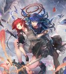  2girls :d arknights black_footwear black_gloves black_jacket black_legwear black_skirt blue_eyes blue_hair boots commentary_request exusiai_(arknights) gloves grey_shirt halo holding holding_staff horns jacket long_hair long_sleeves looking_at_viewer mismatched_gloves mostima_(arknights) multiple_girls nijimaarc open_clothes open_jacket open_mouth originium_arts_(arknights) pantyhose raglan_sleeves redhead shirt skirt smile staff white_gloves 