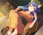  1girl :3 anchovy_(fish) animal_ears barefoot bell blue_hair brown_eyes buuta cat_ears cat_tail chair dutch_angle fan hair_ribbon highres indoors japanese_clothes jingle_bell kimono long_hair looking_at_viewer necogurashi official_art orange_kimono paper_fan ribbon sitting smile solo tail uchiwa wide_sleeves yellow_ribbon 