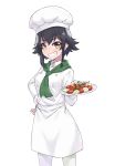  1girl absurdres anchovy_(girls_und_panzer) black_hair braid caprese_salad chef_hat chef_uniform girls_und_panzer grin hand_on_hip hat highres holding holding_plate kimi_tsuru orange_eyes plate short_hair smile solo white_background 