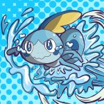  absurdres blue_background closed_mouth commentary crying crying_with_eyes_open english_commentary gen_8_pokemon harlequinwaffles highres no_humans pokemon pokemon_(creature) polka_dot polka_dot_background signature sobble solo tears water wavy_mouth 