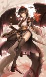  1girl arms_up autumn_leaves black_hair black_legwear black_wings blurry blurry_background breasts bridal_gauntlets commentary_request detached_sleeves eyebrows_visible_through_hair fan feather_fan feathered_wings folded_leg geta hair_between_eyes hand_on_hilt hat highres holding holding_fan kourindou_tengu_costume large_breasts namiki_(remiter00) obi parted_lips pelvic_curtain pointy_ears pom_pom_(clothes) red_footwear red_headwear sash shameimaru_aya short_hair solo sword tengu-geta thigh-highs tokin_hat touhou tree weapon wings 