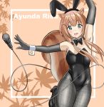  1girl animal_ears ayunda_risu black_gloves breasts brown_hair bunnysuit english_commentary gloves green_eyes highres hololive hololive_indonesia looking_down microphone rabbit_ears red_chan small_breasts solo squirrel_ears 