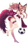  1girl animal_ears armpits ass ball bare_shoulders barefoot bikini breasts brown_hair cat_ears cat_girl cat_tail claws full_body garter_straps heart highres karuru_(soccer_spirits) no_shoes official_art open_mouth paws reason_(ficafe) red_bikini red_eyes resized small_breasts soccer_ball soccer_spirits strapless strapless_bikini swimsuit tail upscaled 