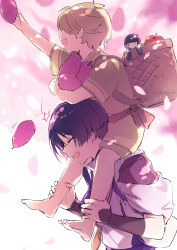  2boys apple arm_up armor backpack_basket barefoot basket blunt_ends brown_hair brown_trim carrying closed_eyes clothing_cutout doll eyeliner eyeshadow falling_petals feathers food from_side fruit genshin_impact green_kimono green_sleeves hair_over_eyes head_down highres holding holding_another's_legs holding_food holding_fruit japanese_armor japanese_clothes kariginu kimono kote kurokote lavender_melon_(genshin_impact) makeup multiple_boys oga914 open_mouth petals pink_petals pom_pom_(clothes) purple_hair purple_sash reaching red_eyeliner red_eyeshadow sash scaramouche's_sickly_friend_(genshin_impact) scaramouche_(genshin_impact) scaramouche_(kabukimono)_(genshin_impact) short_sleeves shoulder_carry shoulder_cutout sideways_mouth sleeves_rolled_up tasuki twitter_username white_sleeves yellow_feathers 