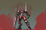  clouds dust gun highres holding holding_gun holding_weapon ksenolog looking_at_viewer mecha no_humans open_hand original red_clouds solo standing weapon 